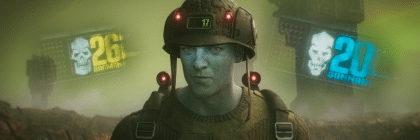 Rogue Trooper (Aneurin Barnard) talks to Bio-Chips Bagman (Reece Shearsmith) and Gunnar (Jack Lowden)