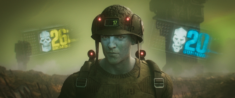 Rogue Trooper (Aneurin Barnard) talks to Bio-Chips Bagman (Reece Shearsmith) and Gunnar (Jack Lowden)
