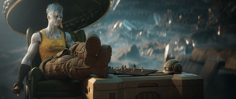 Venus Bluegenes (Hayley Atwell) plays chess against Helm (Daryl McCormack)