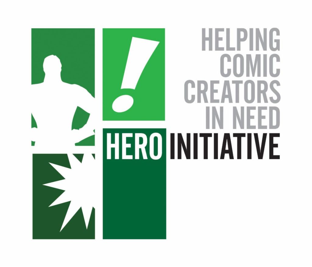 Logo for Hero Initiative, featuring a silhouette of a superhero and the text 'Helping Comic Creators in Need' and 'HERO INITIATIVE' in bold lettering.