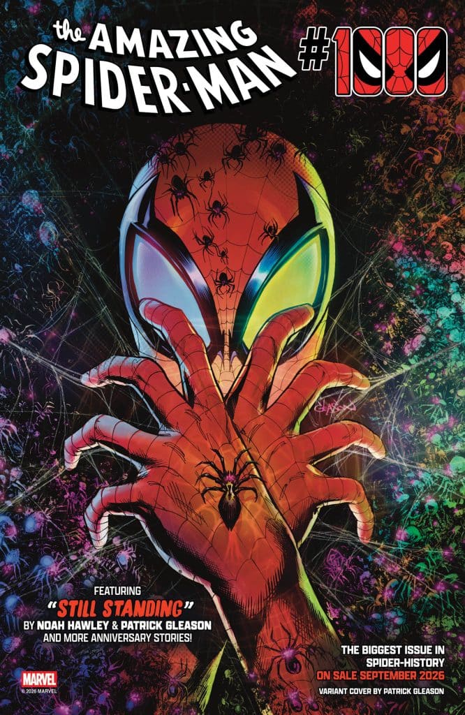 Cover of 'The Amazing Spider-Man' #1000 featuring Spider-Man's hands with a spider symbol, surrounded by swirling colorful patterns and additional spider imagery.