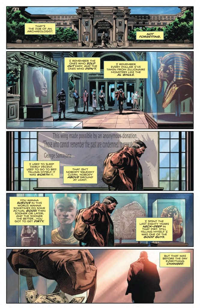 A comic panel depicting a grand Natural History Museum with a statue and artifact displays. Characters engage in dialogue about archaeology, morality, and personal reflections.
