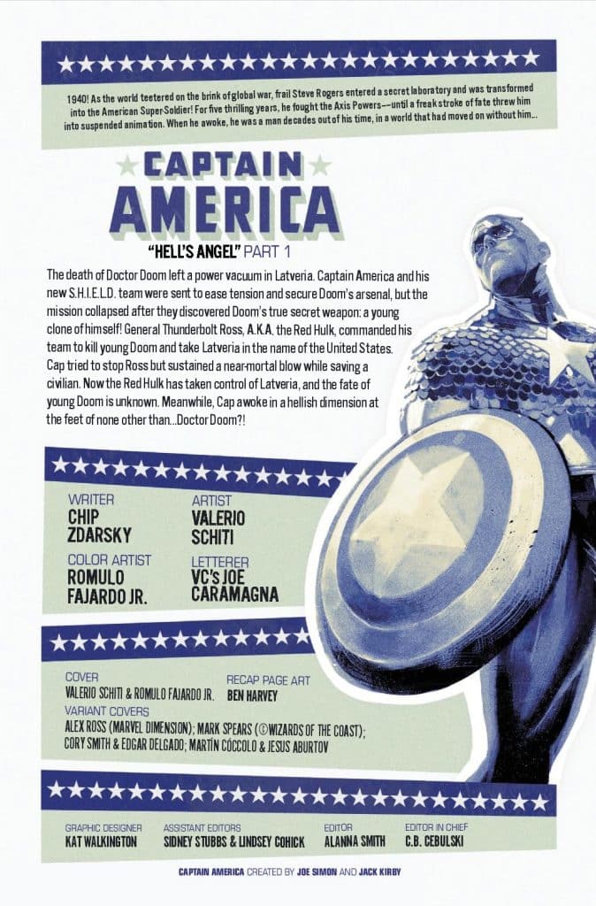 Cover page of a Captain America comic titled 'Hell's Angel Part 1', featuring a depiction of Captain America in a heroic pose with his shield and background text outlining the story's premise and credits.