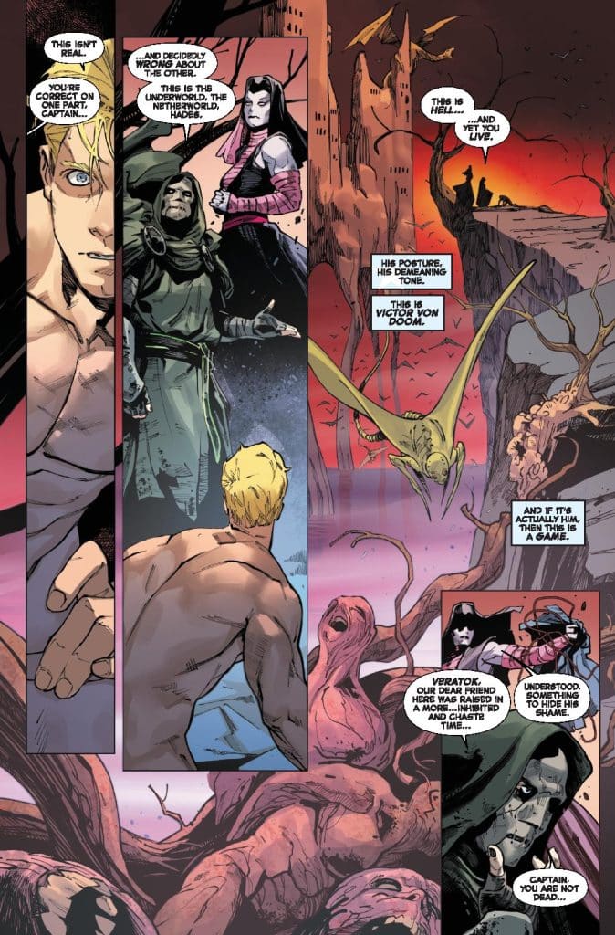 A comic book page depicting a dramatic scene in an underworld setting. Characters include a blonde man, a woman in dark attire, a hooded figure, and a dragon-like creature. The background features a hellish landscape with rocky formations and ominous creatures.