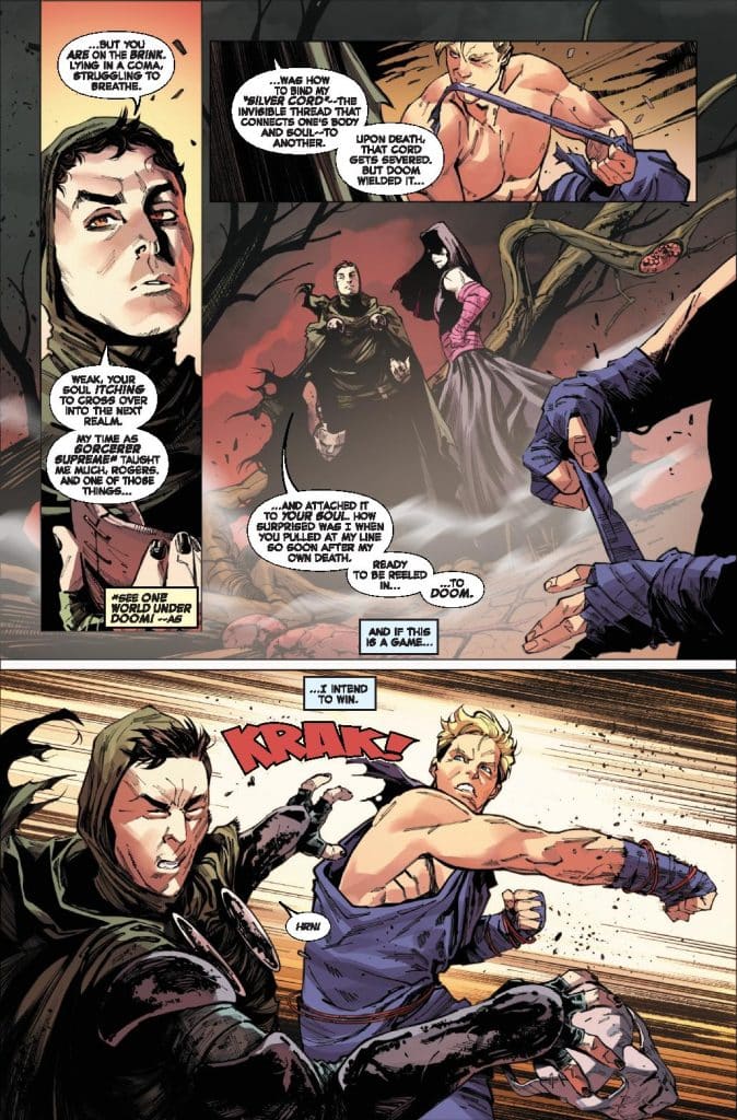 A dramatic comic book scene featuring two characters engaged in a tense confrontation, with one character striking the other. The background includes eerie elements like a dark forest and hints of supernatural themes.