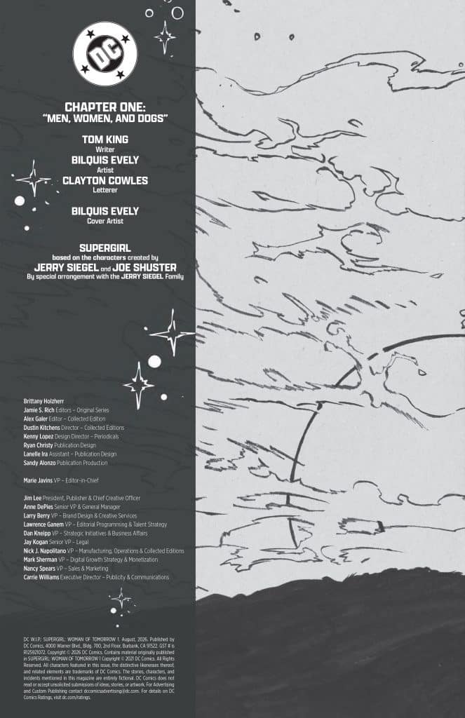 A graphic design page featuring comic book credits and acknowledgments for 'Supergirl: Woman of Tomorrow', including contributors like Tom King, Bilquis Evely, and Clayton Cowles, with a black and white artistic background.