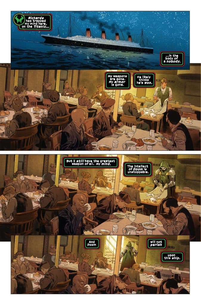 A comic book page depicting the Titanic at night, with characters seated at a dining table discussing weapons and intellect, featuring dialogue bubbles.