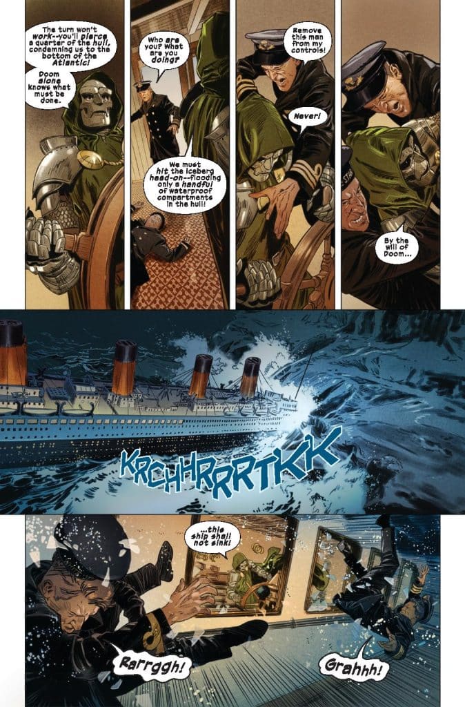 A comic book scene depicting a confrontation on a ship. A character in a green suit, presumed to be Doctor Doom, manipulates a control panel while being confronted by a ship's captain. In the background, the ship is crashing into an iceberg, creating a dramatic moment. The captain appears distressed, trying to stop the impending disaster.