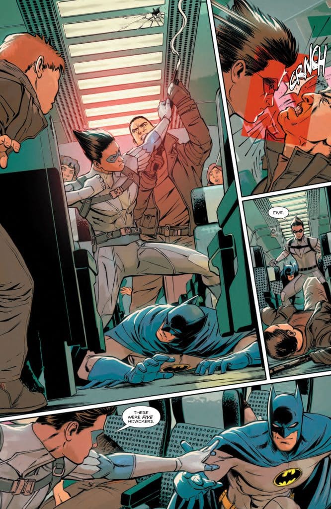 A dynamic comic book scene featuring Batman engaging with hijackers on a subway train, highlighting action and tension. Batman is depicted in a blue and grey suit, while a female character assists him, revealing a clash with one of the hijackers.