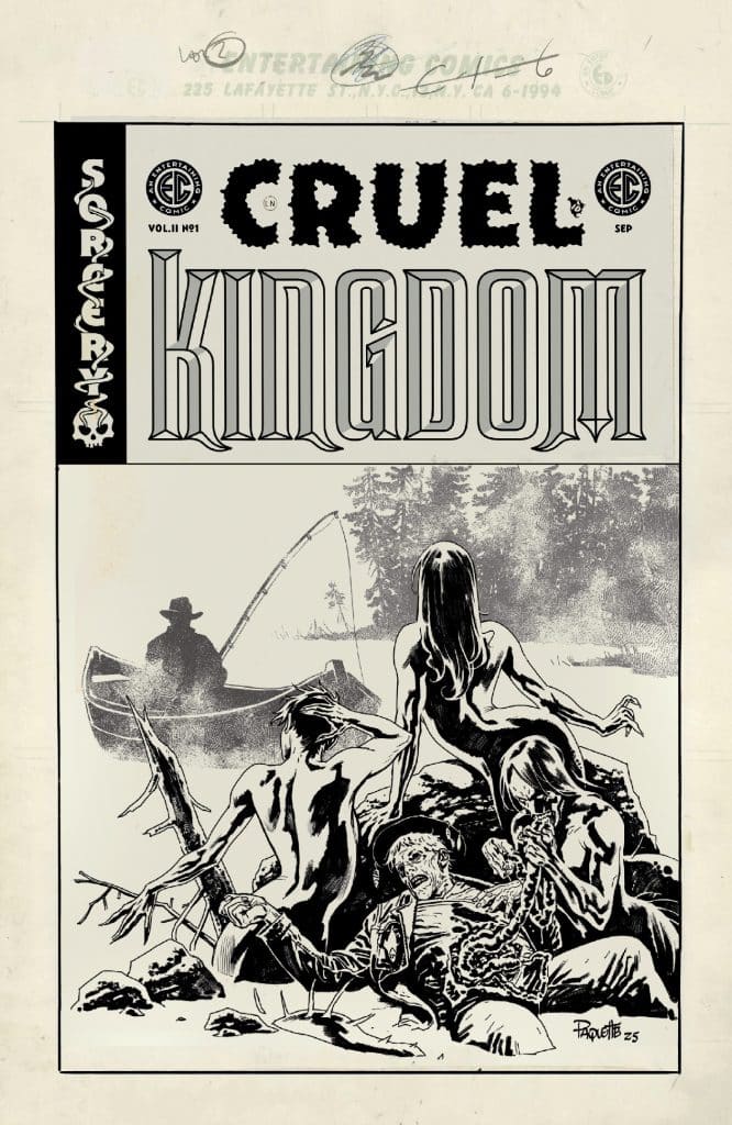 Cover of the comic book 'Cruel Kingdom', featuring a black and white illustration of four figures in a bleak landscape. Two figures are depicted from behind, while a third figure stands with a concerned expression. In the foreground, a fourth figure, appearing distressed and bound, sits on the ground. The backdrop includes a person in a canoe and a forested area.