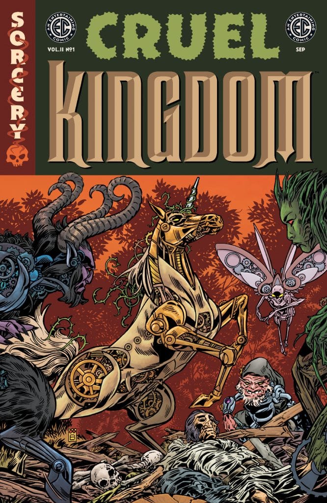 Comic book cover titled 'Cruel Kingdom', featuring a robotic unicorn surrounded by fantastical creatures in a dark forest setting.