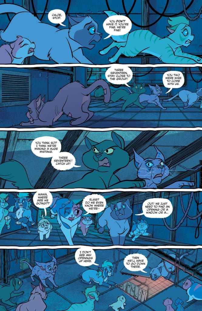 A group of animated cats in a dimly lit, cluttered environment. Some cats are anxious and discussing their escape route while others are encouraging them to stay together.