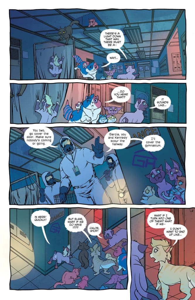 A comic page showing various anthropomorphic animals in a dimly lit hallway, engaging in a conversation while a character in a protective suit gives instructions. The animals express concern and curiosity about a potential threat.