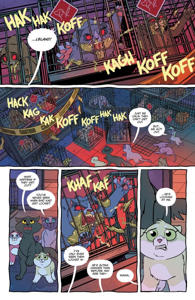 A comic page featuring anthropomorphic animals in cages, with one animal looking distressed. Dialogue includes characters expressing fear about a creature in another cage and discussing the situation.
