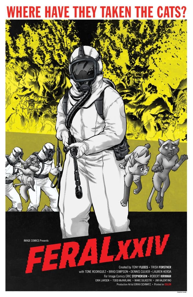 Comic book cover featuring a figure in a gas mask and protective gear, holding a weapon, surrounded by stylized, distressed cats in a vibrant yellow and black color scheme, with the title 'FERALxxiv' and the tagline 'WHERE HAVE THEY TAKEN THE CATS?'