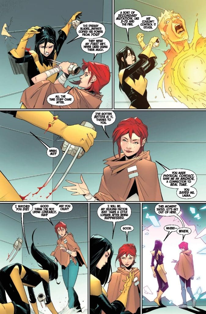 A comic book panel showing two female characters engaging in a tense conversation while a third character emits energy in the background. One character holds a device, while another expresses concern for her well-being. The scene conveys themes of collaboration and heroism.