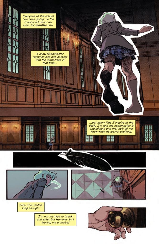 A character with green hair in a school uniform walks through a dimly lit hallway with ornate wooden walls and candle sconces, contemplating the situation involving the headmaster and authorities. The character appears frustrated and is about to reach for a doorknob as they decide to take action.