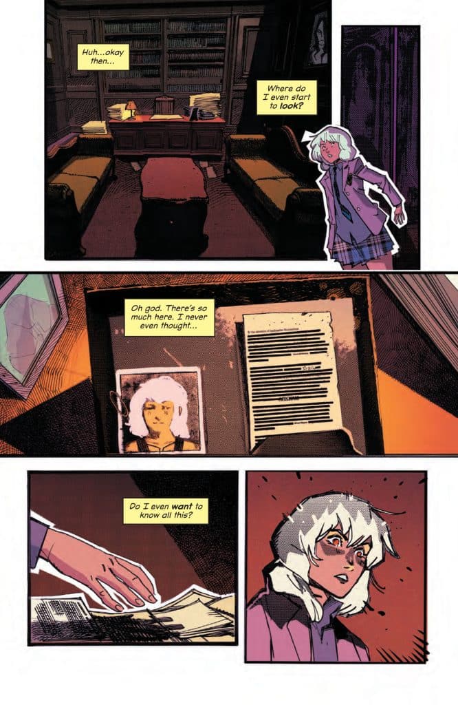 A character stands in a dimly lit library, looking overwhelmed by the amount of documents on a desk while contemplating where to start.