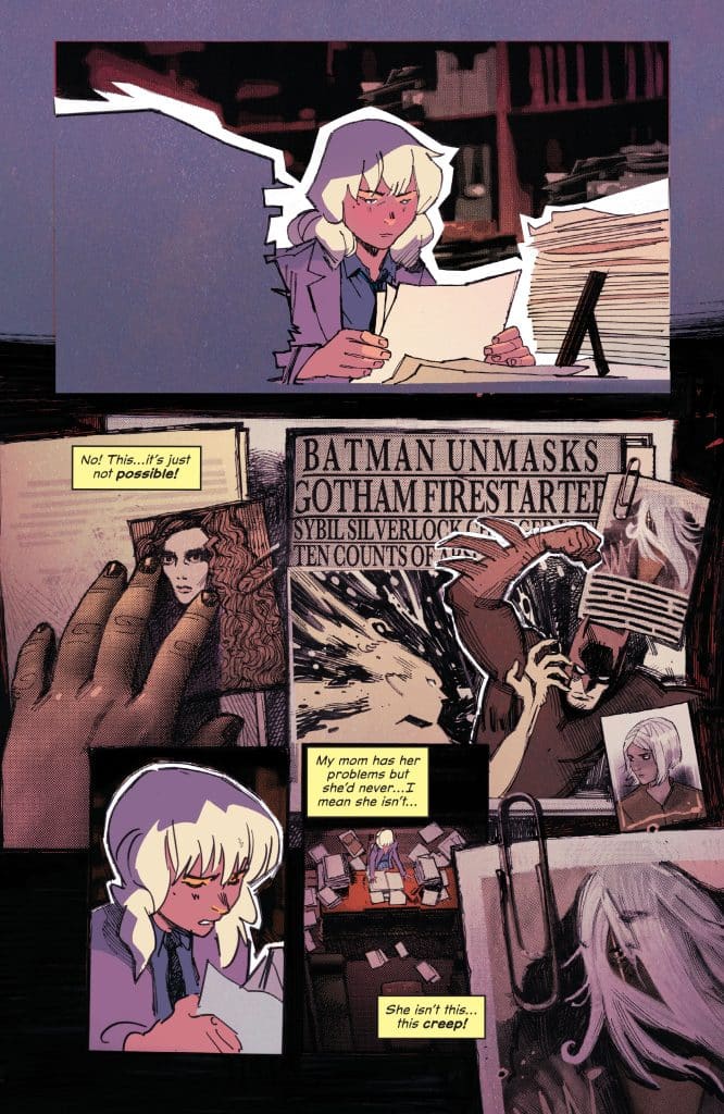 A comic book panel featuring a character with blonde hair in a blazer looking shocked while reading a document at a cluttered desk. Surrounding her are various papers and images, including a headline about Batman and a concerned character in distress.
