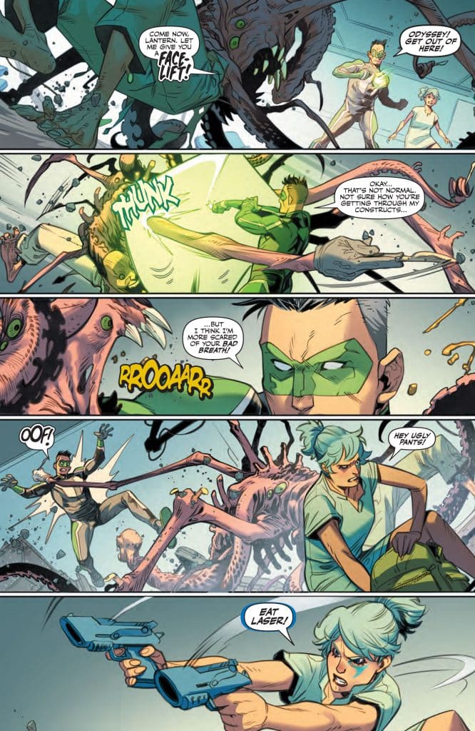 A comic book scene depicting two characters battling a monstrous creature. One character, wearing a green suit, prepares to attack the creature while another character, with light blue hair, aims a futuristic weapon. The background includes chaotic action elements and colorful explosions.