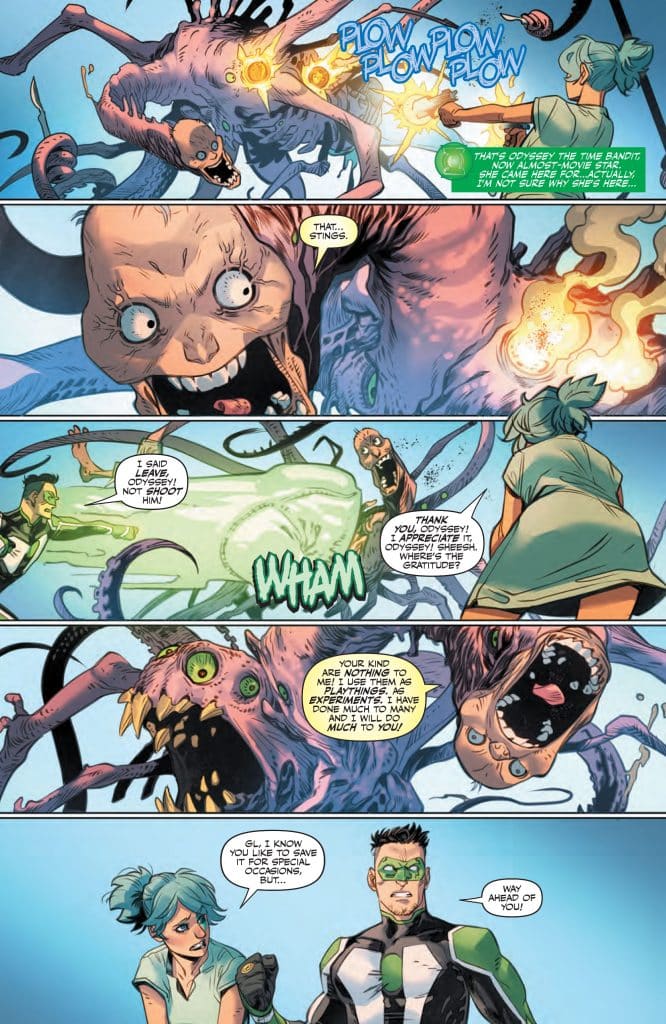 Comic panel depicting a confrontation between a character with green attire and another character resembling a monstrous creature. Dialogue includes expressions of frustration and surprise, while the background features colorful action elements.