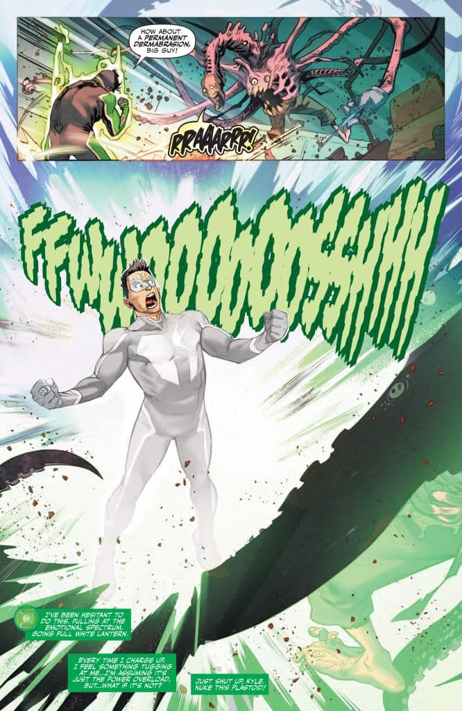 A superhero in a white suit unleashes a powerful energy blast, with green and white visual effects around him. In the background, a monstrous creature roars aggressively, while another character, presumably a hero, stands ready for action. Speech bubbles indicate an intense conversation about the situation.
