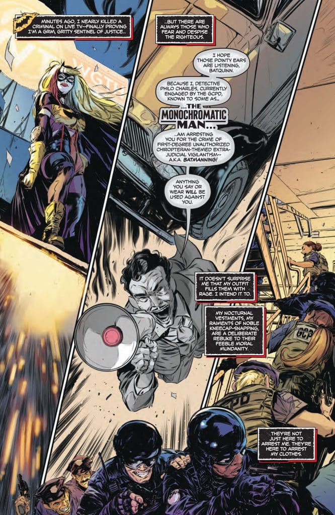 A comic book scene featuring a character in a costume resembling Batman, speaking to another character, a man holding a megaphone, with police officers in tactical gear present.