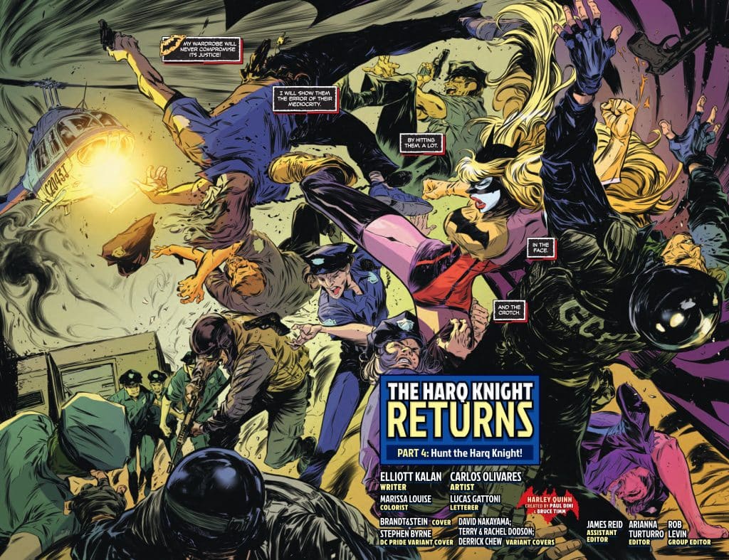 Comic book cover featuring dynamic action scenes with multiple characters, including a police officer and a character resembling Harley Quinn, amidst chaos and violence. Text balloons offer commentary on justice and fighting.