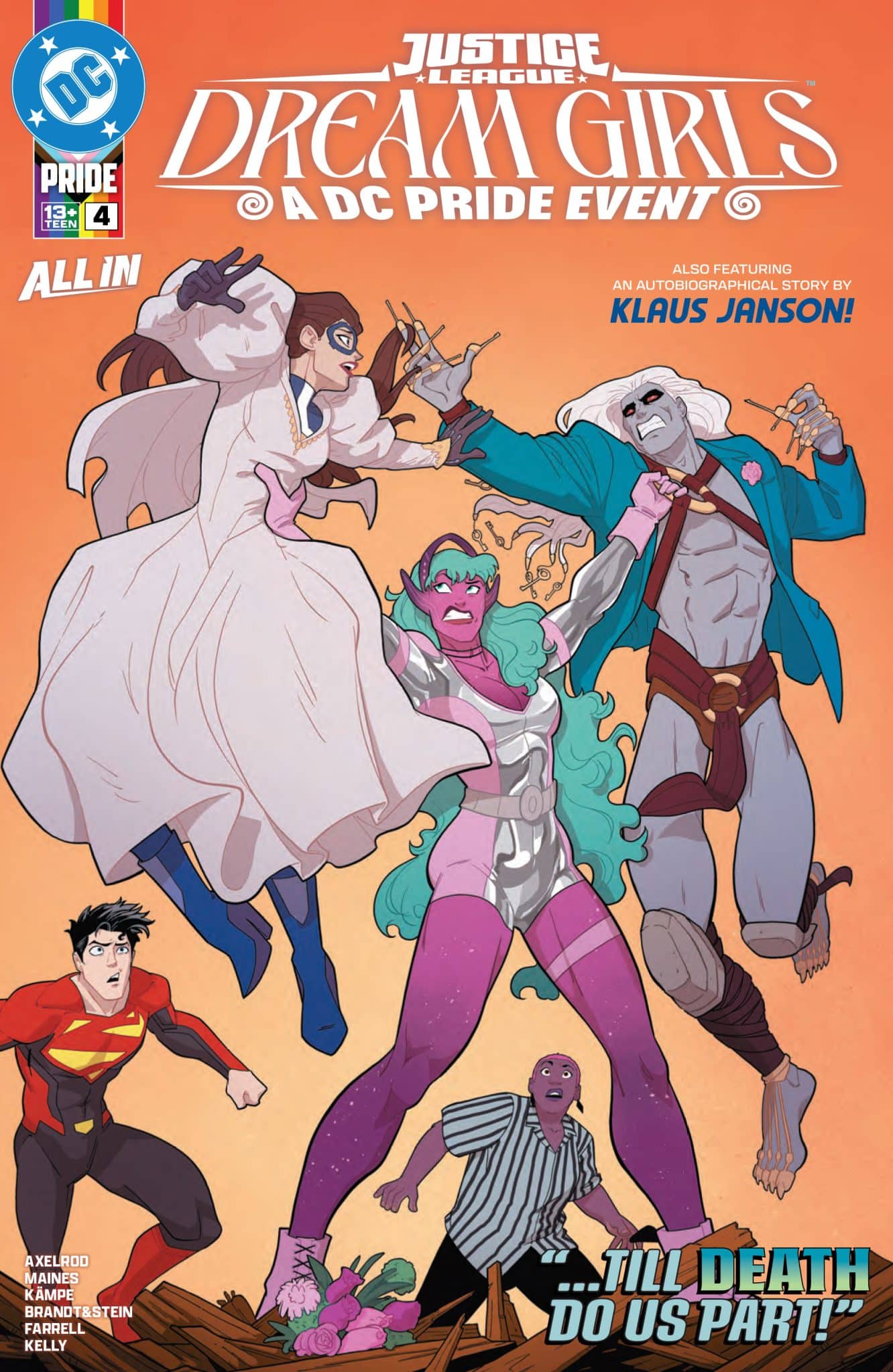 A colorful comic book cover titled 'Justice League Dream Girls: A DC Pride Event.' It features various characters, including a superhero in a red costume, characters in wedding attire, and a green-skinned character with pink hair, striking dynamic poses against a vibrant background.