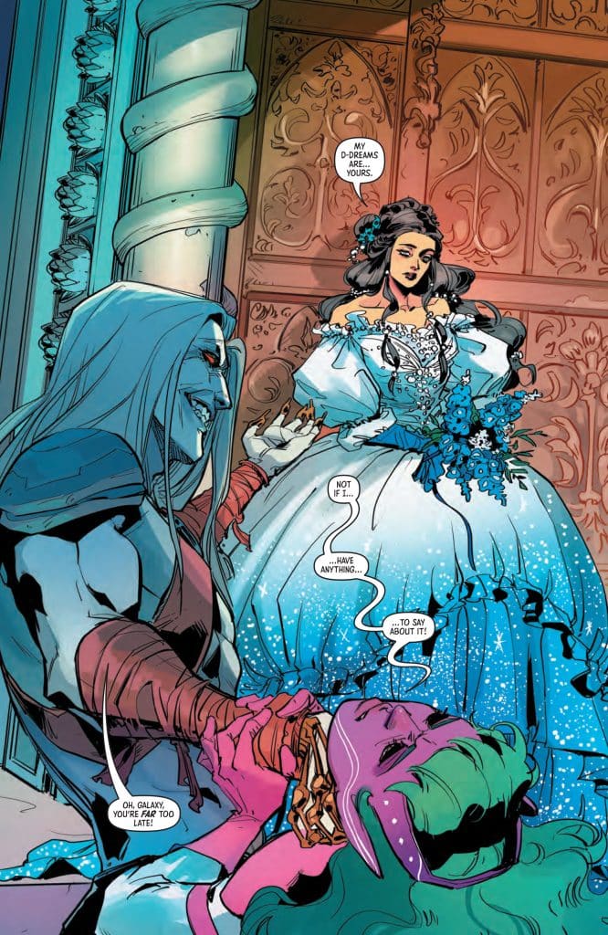 A dark-haired woman in a sparkling blue gown sits on a throne, flanked by two characters: a sinister-looking figure with pale skin and long hair, and a green-skinned character with colorful features. Speech bubbles reveal their playful and somewhat tense interaction.