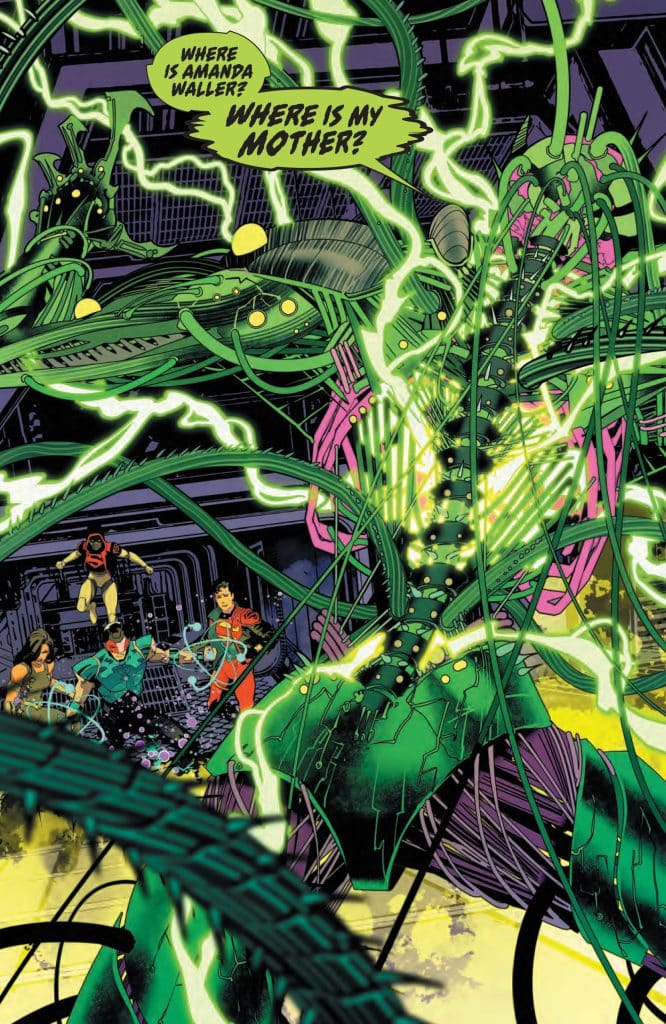 A vibrant comic book scene featuring a towering green creature surrounded by glowing vines and energy. Characters in colorful costumes, including a woman and three men, appear in the foreground, expressing urgency, with word balloons asking about Amanda Waller and a mother.