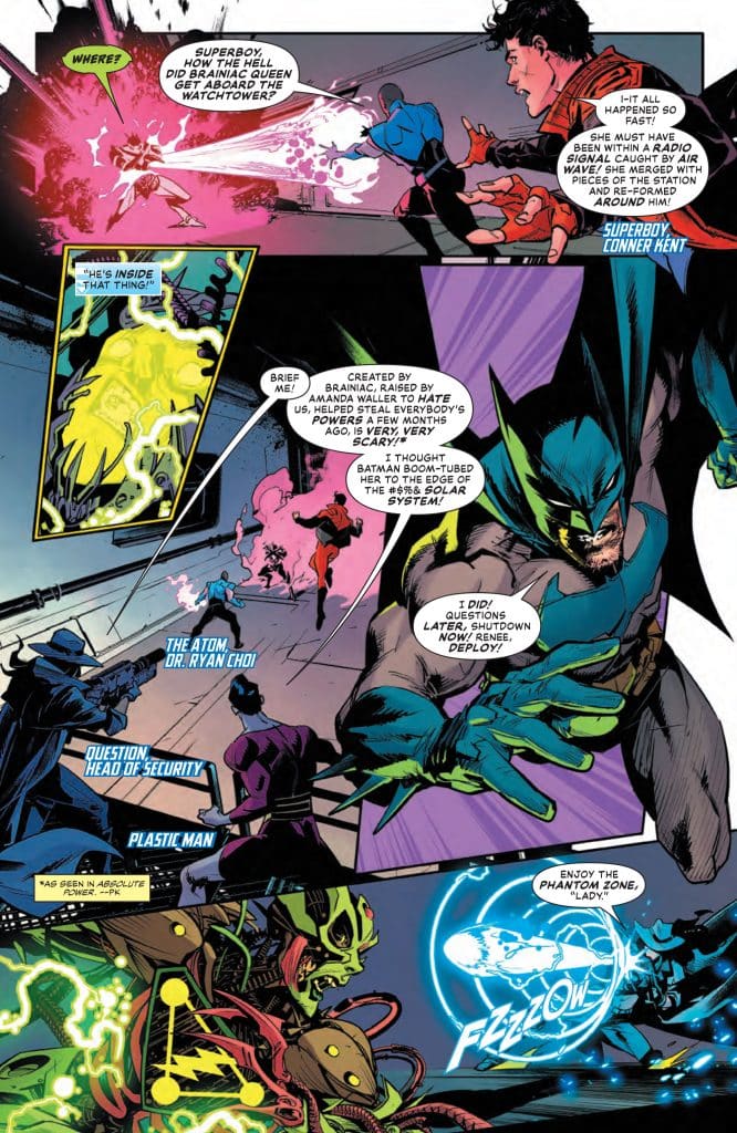 A comic book page featuring Superboy, Wonder Woman, and Batman confronting a villain. The panel shows dialogue among heroes discussing a situation involving Brainiac and a mysterious entity. Other characters like The Atom, Question, and Plastic Man are also depicted, highlighting a tense and action-packed scene.
