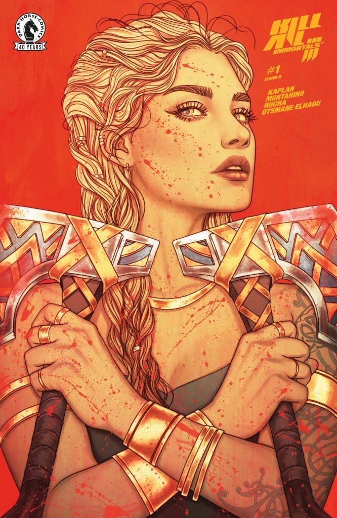 A fierce woman with braided hair holds two intricately designed axes across her chest, set against a vibrant orange background with splatters of red. She wears golden armor and jewelry, exuding strength and determination.