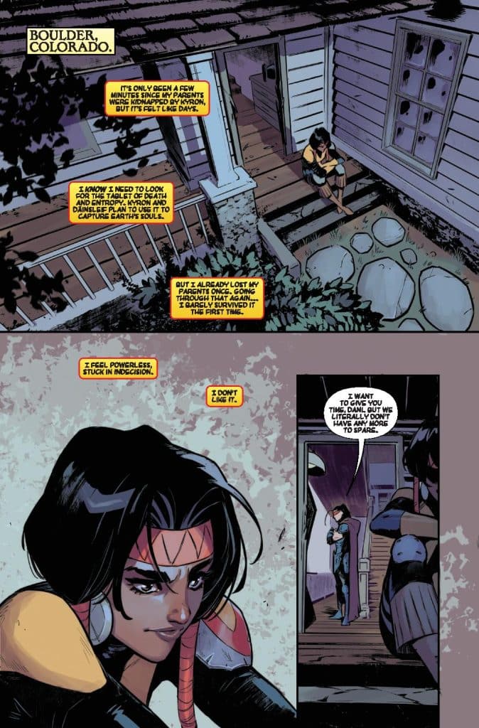 A comic page featuring a character sitting on the steps of a house in Boulder, Colorado, looking contemplative and distressed, with a dialogue about loss and decision-making.