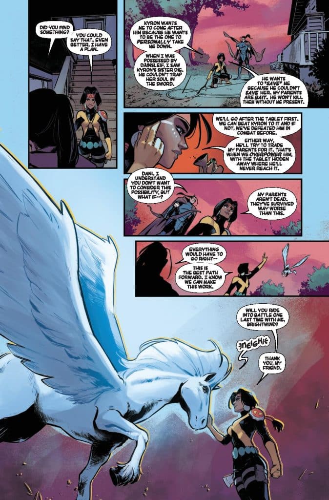 Comic panel depicting two characters discussing a plan, with one character seated and the other standing near a white winged horse, set against a colorful sky.