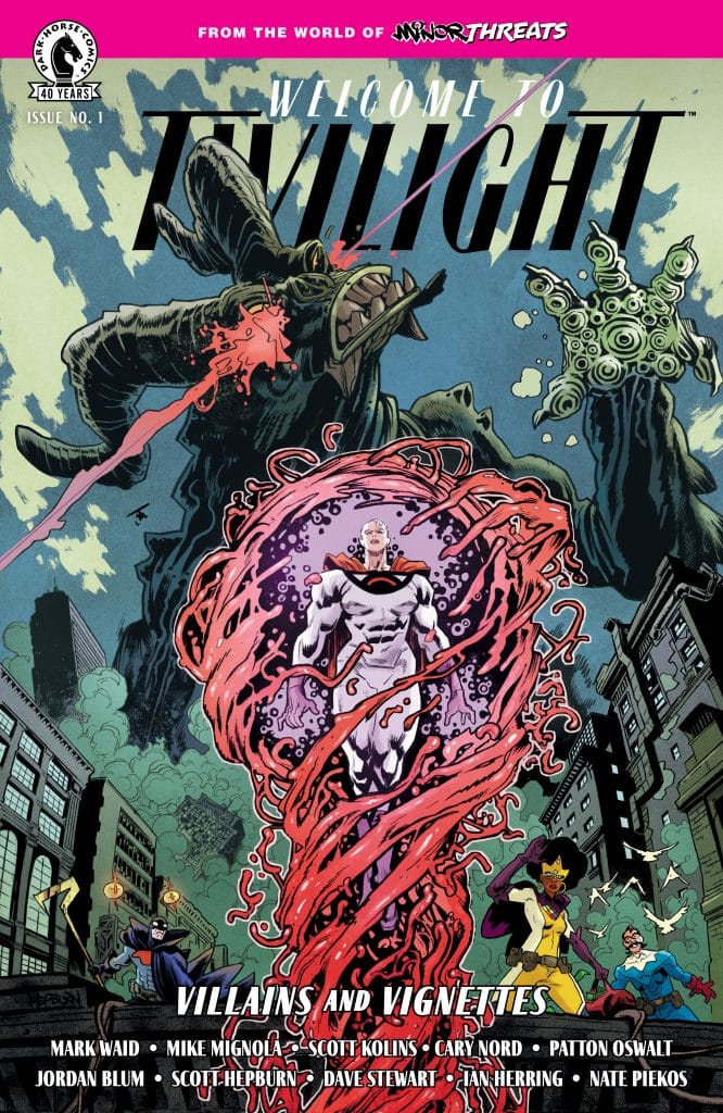 Comic book cover for 'Welcome to Twilight,' featuring various characters, including a central figure in a swirling, red energy, amidst a city backdrop. The title and issue details are prominently displayed at the top.