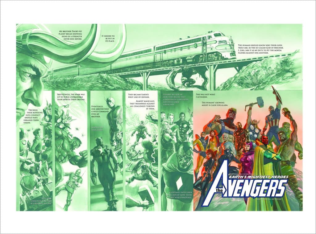 A comic book page depicting various scenes featuring characters from The Avengers, showcasing their origins and battles, with a large illustration of the Avengers team at the bottom right.