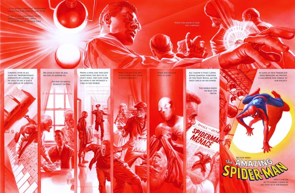 A comic-style illustration featuring Spider-Man in various scenes, with dramatic red tones portraying action and tension. Dialogue about his responsibilities and public perception appears alongside visual elements, creating a narrative about the character.