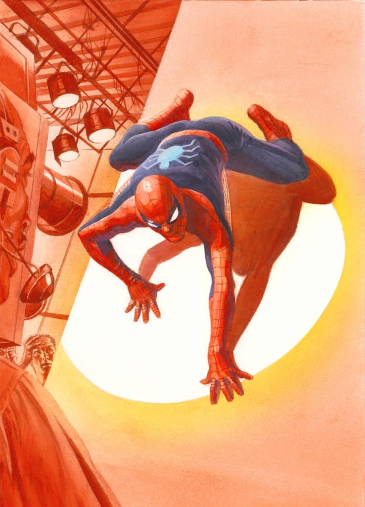 A detailed illustration of a superhero resembling Spider-Man in a dynamic pose, climbing on a wall, set against a warm-colored background with overhead lights and hints of a stage or studio environment.