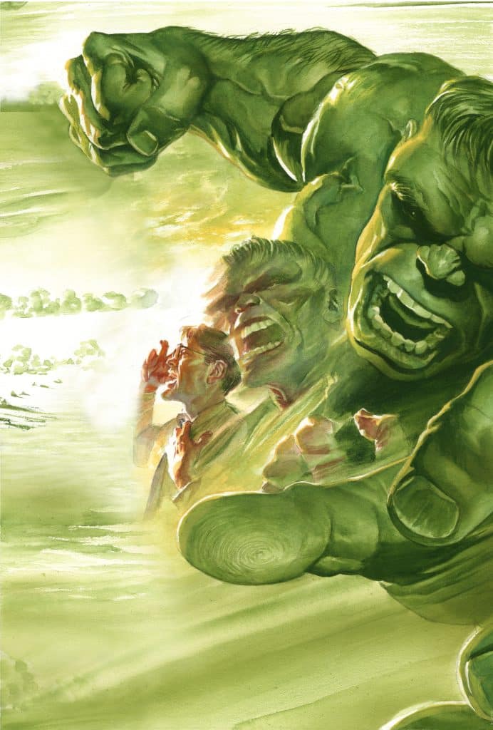 A dynamic illustration of the Hulk, showcasing various expressions of anger and power, with a large green fist dominating the foreground and ghostly images of the character in different poses in the background.