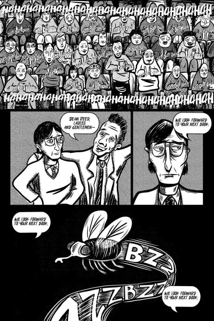 A comic-style illustration featuring a crowd of people laughing, with three characters speaking in the foreground. One character is addressing the audience, while two other characters listen attentively. A depiction of a cartoon bee with the text 'BZZ' surrounding it.