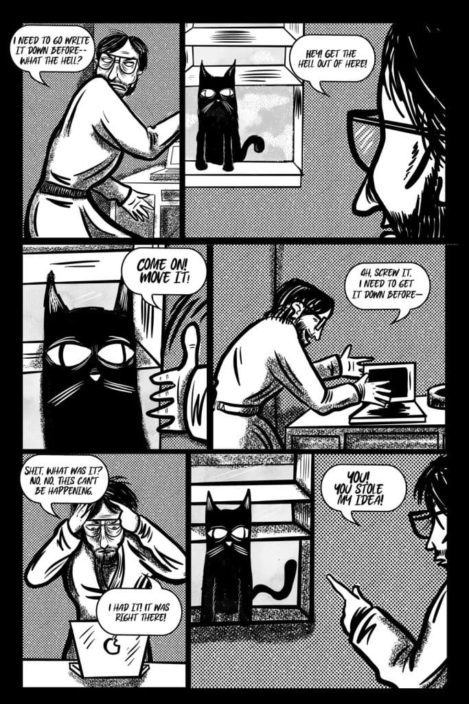 A black and white comic-style illustration featuring a woman with glasses and a man with a worried expression. The man is gesturing towards a black cat that appears to be on a windowsill. The woman and man are depicted in separate panels having a conversation about an idea that the man seems frustrated about, with speech bubbles expressing their thoughts.