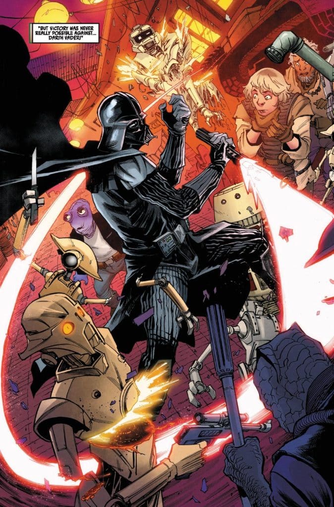 A dramatic scene featuring a character in a black cape wielding a lightsaber, engaging in an intense confrontation with droids and other characters in a chaotic environment.