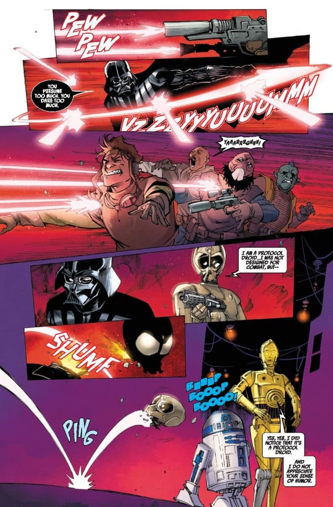 A comic book panel featuring characters in a space battle. Darth Vader is shown firing a laser gun while a group of rebels, including Han Solo, return fire. Dialogue bubbles indicate tense interactions and humor between droids C-3PO and R2-D2.