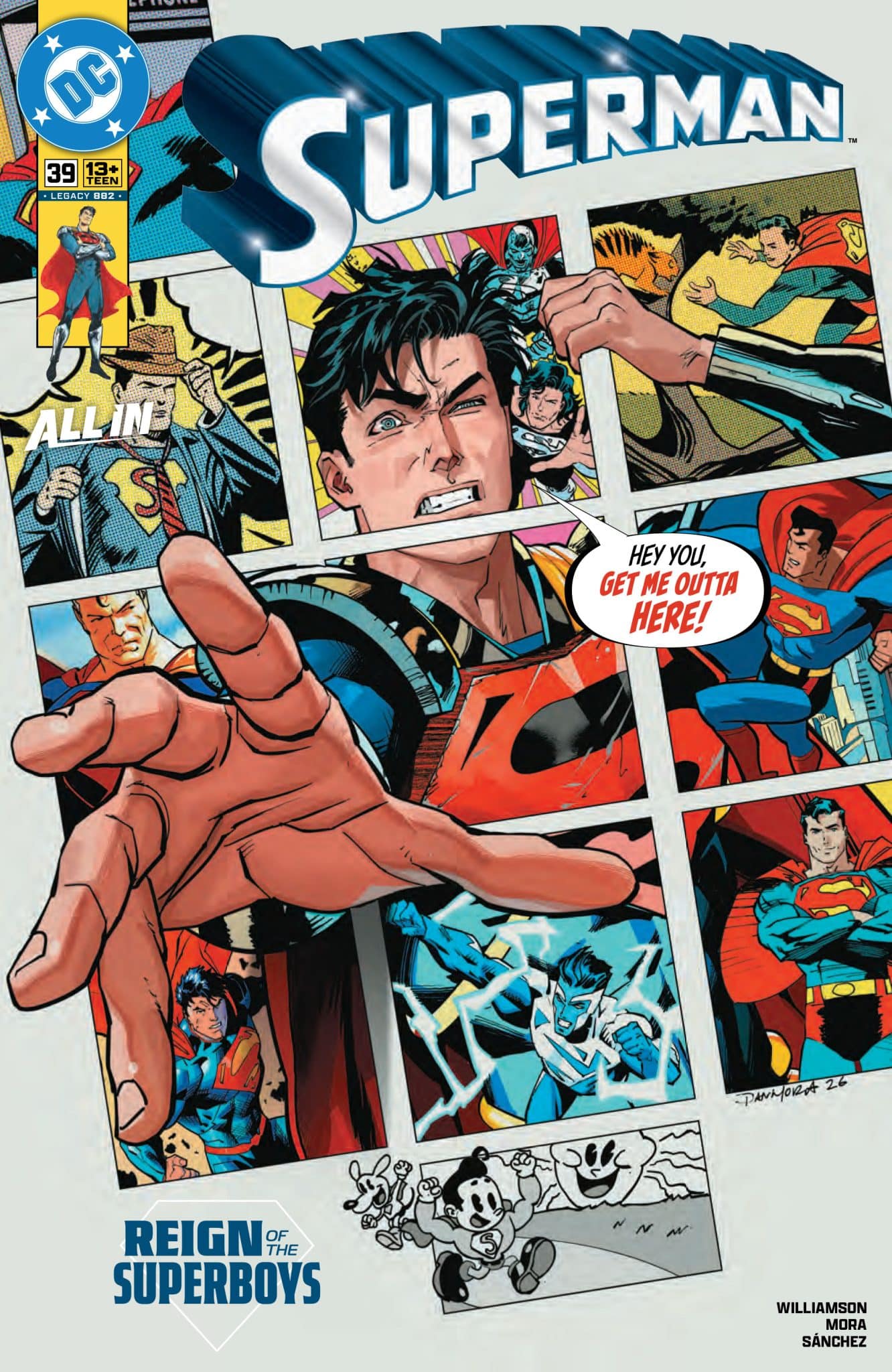 Comic book cover for Superman, featuring a collage of various Superman illustrations and characters, with a central image of Superman reaching out with an exaggerated expression. The title 'Superman' is prominently displayed at the top, and the text 'Hey you, get me outta here!' is shown in a speech bubble.