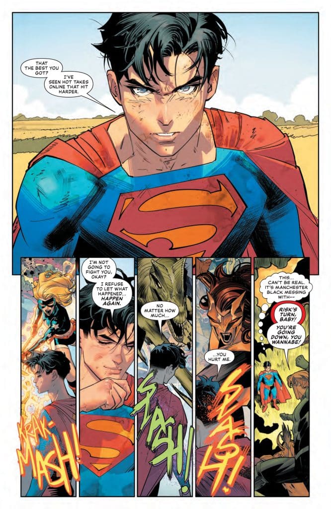 A comic book panel featuring a focused male superhero in a blue and red costume, with messy black hair and an intense expression, engaged in a serious confrontation. Speech bubbles indicate a dialogue about not wanting to fight and addressing past experiences.