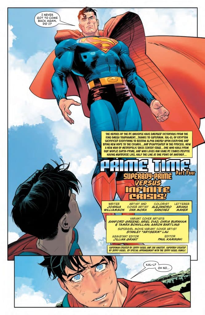A comic book page featuring Superman and Superboy-Prime. Superman stands confidently in the upper half, while Superboy-Prime, with a worried expression, is shown below him. Speech bubbles include 'I never got to come back again, did I?' and 'Kal-L? Oh no...'. The title 'PRIME TIME' with subtitle 'Superboy-Prime versus Infinite Crisis!' is prominently displayed.