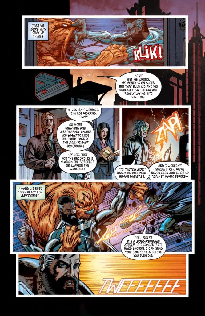 A comic book page featuring dynamic panels with characters engaged in a battle. One panel shows a creature fighting with a blue character, while another panel includes dialogue about superpowers and magic. The scene conveys tension and action.