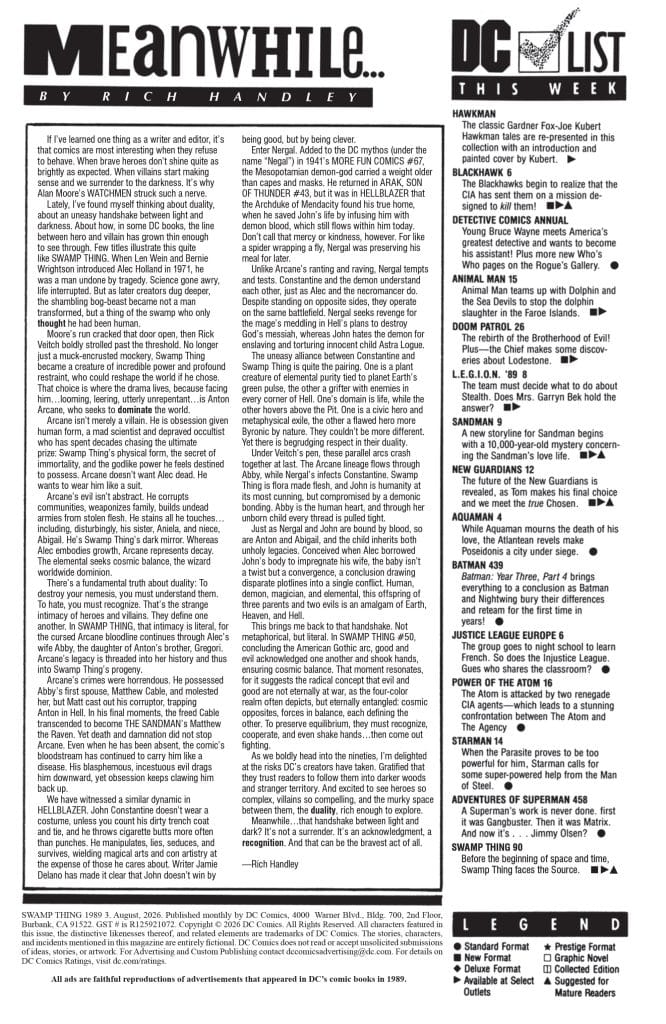 A page from a DC Comics publication titled 'Meanwhile...' by Rich Handley, discussing themes of heroes and villains in comic narratives, with references to various DC characters and storylines.