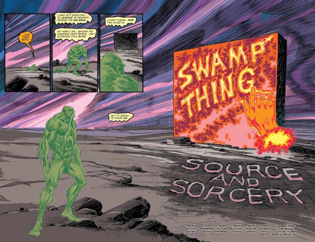 A green humanoid figure stands on a rocky landscape under a colorful, swirling sky, facing a large orange structure that reads 'SWAMP THING'. The words 'SOURCE AND SORCERY' are etched into the ground.